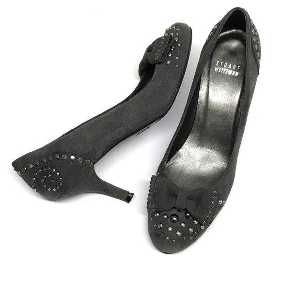 STUART WEITZMAN Gray Suede Leather Studded Pumps Heels with Bows 8N Y2K - Picture 2 of 8